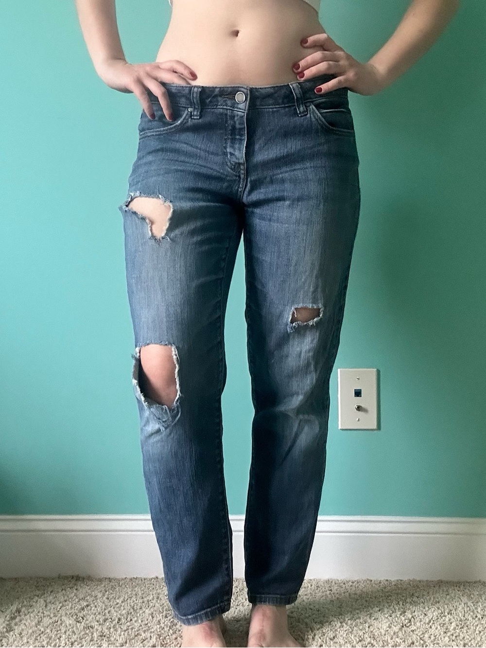 Jennifer Lopez Distressed Boyfriend Jeans in Blue Wash